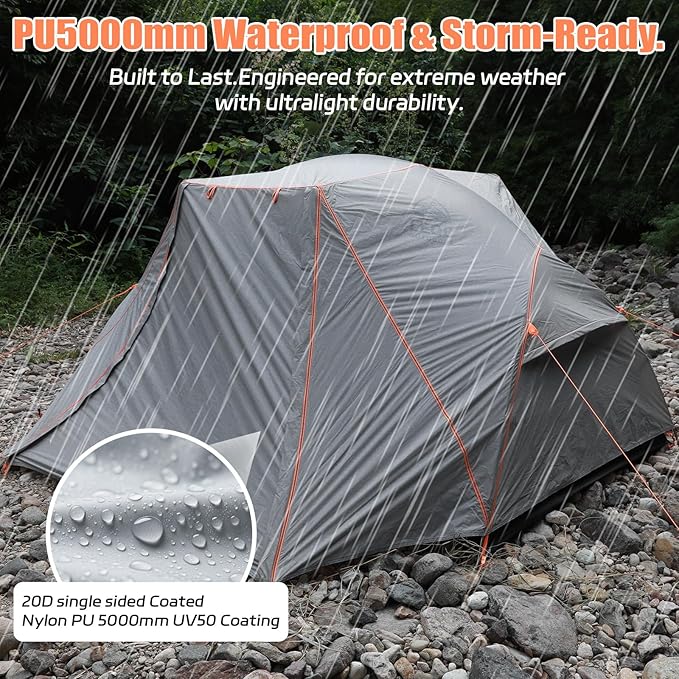 2 Person Lightweight Backpacking Tent – 5000mm Waterproof Silicone Nylon, 7001 Aluminum Poles, YKK Zippers, Compact 3-Season Hiking & Camping Tent with Front Vestibule