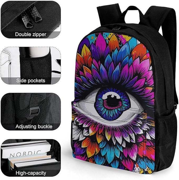 Men Women Lightweight Psychedelic Trippy Eye Lotus Art Backpack Large Capacity Carry On Bag With Padded Straps for Sports Work Walking Cycling
