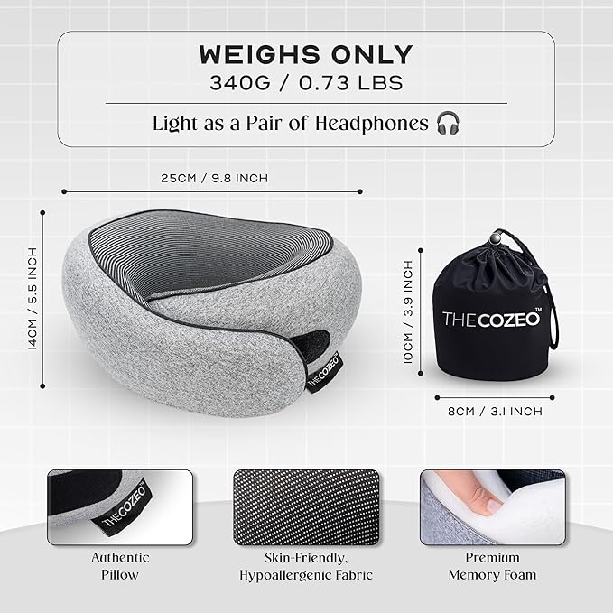 The Cozeo™ Travel Neck Pillow, 100% Pure Memory Foam Airplane Neck Pillow with Eye Mask & Earplug, Ideal for Long Flight, Car Road Trip Essentials & Sleeping | Comfortable & Suitable for Adults & Kids