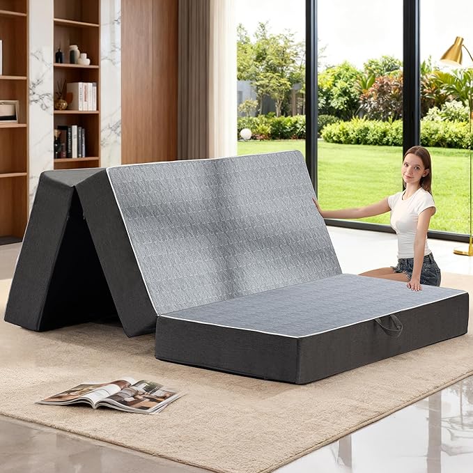 Tri Folding Mattress King Size - 6 Inch Dual-Layer Memory Foam Foldable Mattress Portable Floor Bed Sofa with Removable Washable Cover, Handle & Non-Slip Bottom for Guest, Camping, RV, Yoga, Home Use