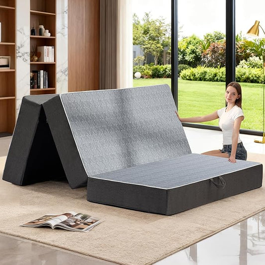 Tri Folding Mattress King Size - 6 Inch Dual-Layer Memory Foam Foldable Mattress Portable Floor Bed Sofa with Removable Washable Cover, Handle & Non-Slip Bottom for Guest, Camping, RV, Yoga, Home Use