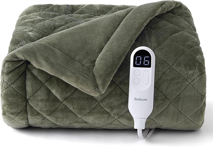 Bedsure Heated Blanket Throw Blanket - Quilted Electric Blanket, Soft Flannel Thick Heating Blanket with 4 Time Settings & 6 Heating Settings, Warm Gifts for Women Men (50x60 inches, Olive Green)