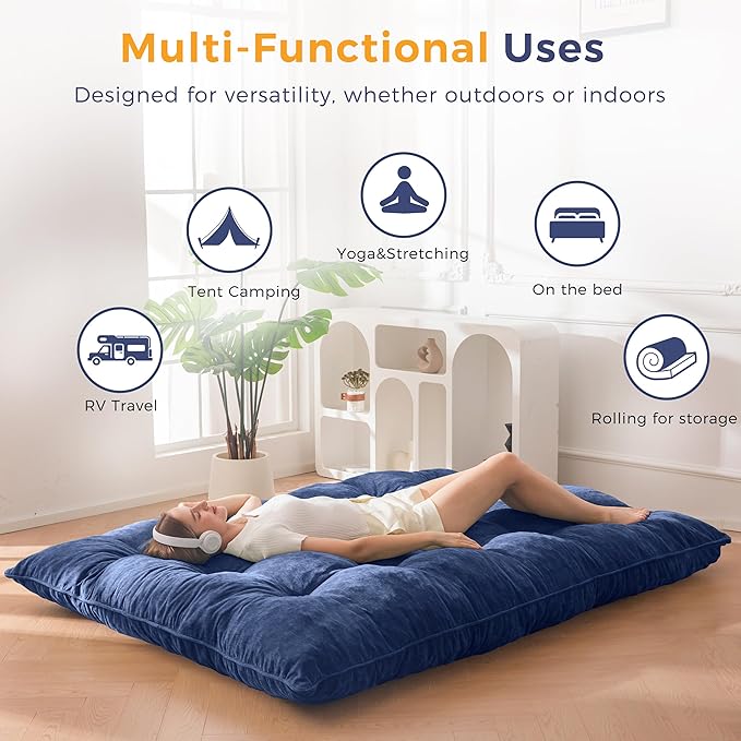 MAXYOYO Floor Mattress Full Size, 6" Chenille Japanese Futon Mattress Foldable Floor Bed for Adults Tufted Roll Up Floor Couch Bed, Tatami Mat Sleeping Pad for Living Room, Bedroom, Navy