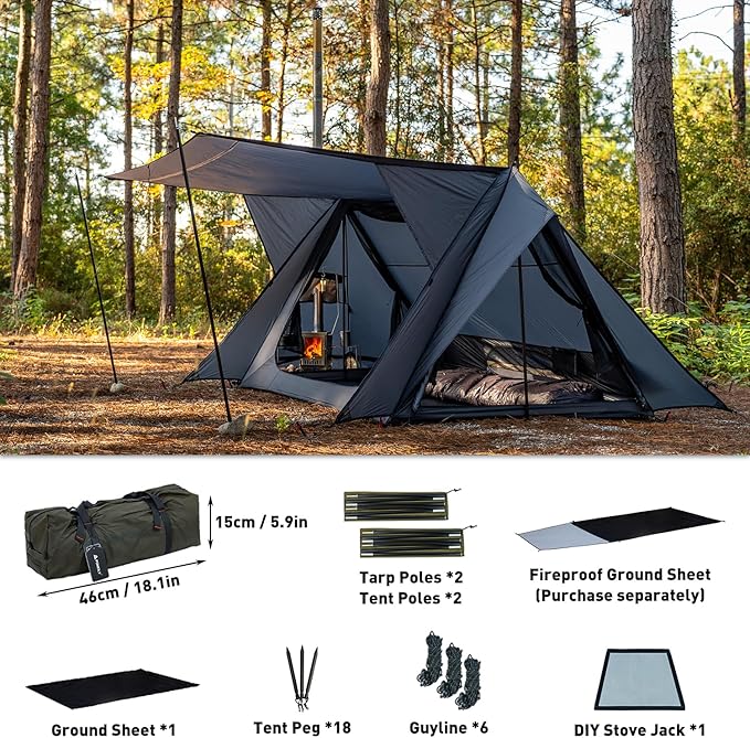 POMOLY Hot Tent Bushcraft Tent, STOVEHUT 20 Ultralight Shelter with 4 Poles for 1-2 Person Camping, Hiking, Backpacking (Blue Grey)