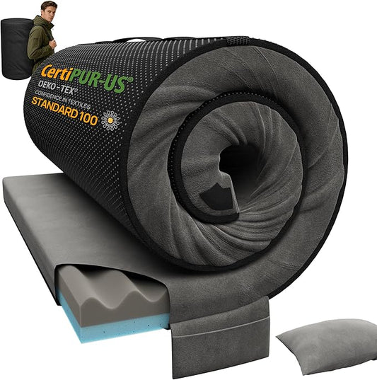 3 Inch Dual-Sided Memory Foam Camping Mattress, Waterproof Camping Sleeping Pad with Portable Pillow & Carry Bag, Roll Up Cot Mattress Mat for Guest Bed/Car/Tent