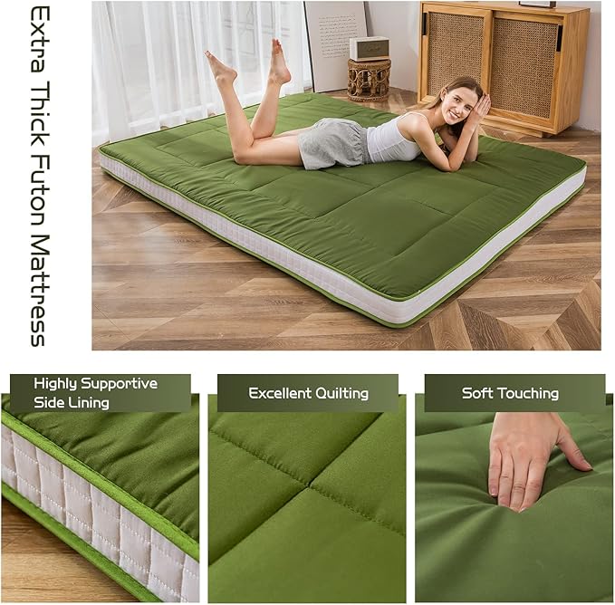 MAXYOYO Futon Mattress, Japanese Floor Mattress Quilted Bed Mattress Topper, Extra Thick Folding Sleeping Pad Breathable Floor Lounger Guest Bed for Camping Couch, Green, Twin