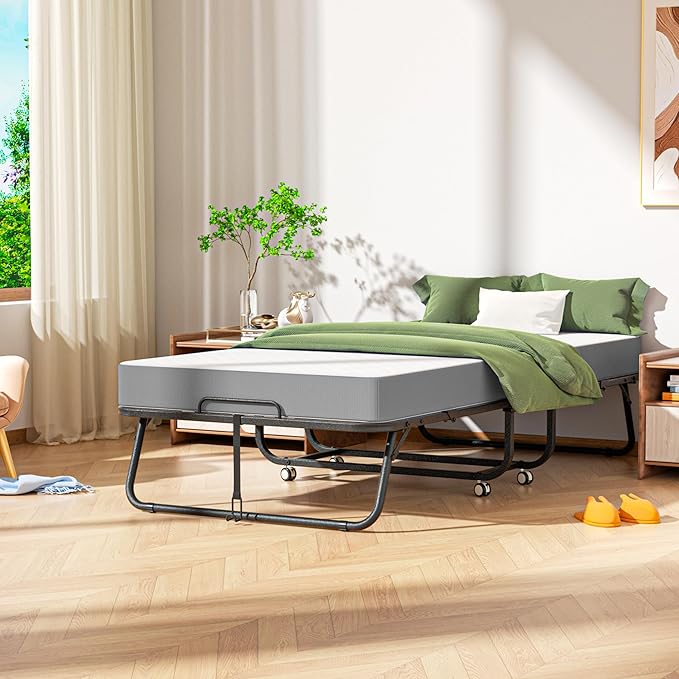INTERGREAT Folding Bed with Mattress for Adults, Foldable Rollaway Twin Beds for Adults, 75" x 38" Portable Folding Guest Bed for Easy Storage, Super Strong Frame for Guest Room, Small Apartment
