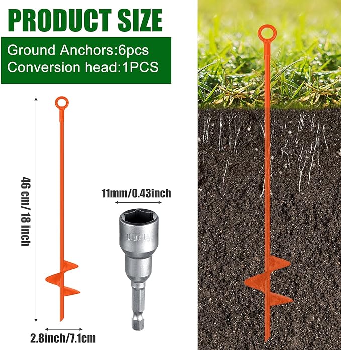 Chumia 6 Pcs 18 Inch Ground Anchor Spiral Blade Heavy Duty Earth Anchors Swing Set Metal Shed Kit for Garden Securing Trees Tents Trampoline Canopies Shelters (Orange)