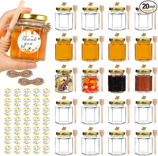 3oz Honey Jars with Dipper 20Pack, AuroTrends Glass Jars for Baby Shower Favors/Wedding Favors for Guests Bulk-Mini Jars with Wooden Dippers/Bee Charms/Stickers/Jute Twine (3 fl.oz-20Pack)