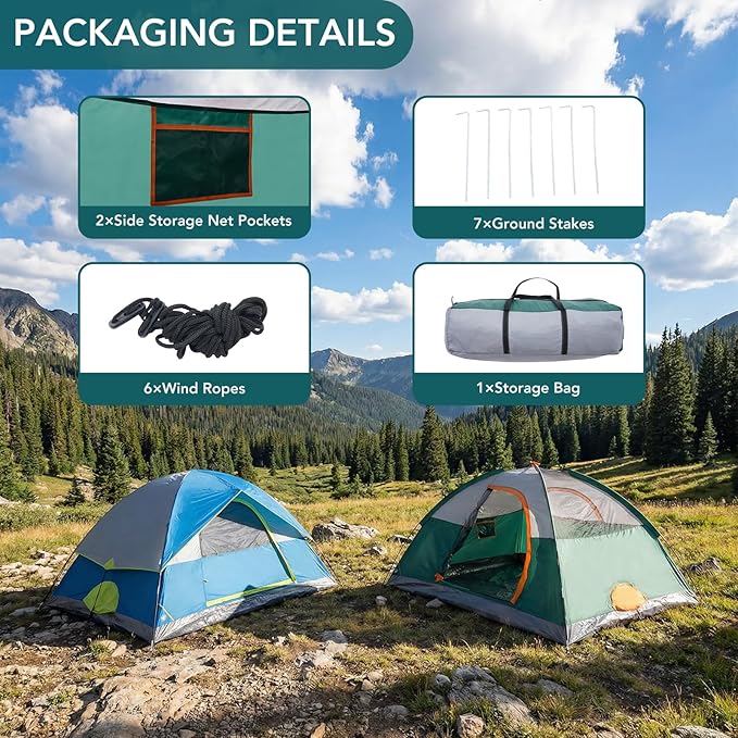 OLIXIS Camping Tent 2/4 Person, Waterproof Windproof Dome Tent with Multi-Directional Ventilation, Quick 5 Min Setup for Family Outdoor, Backpacking, Hiking