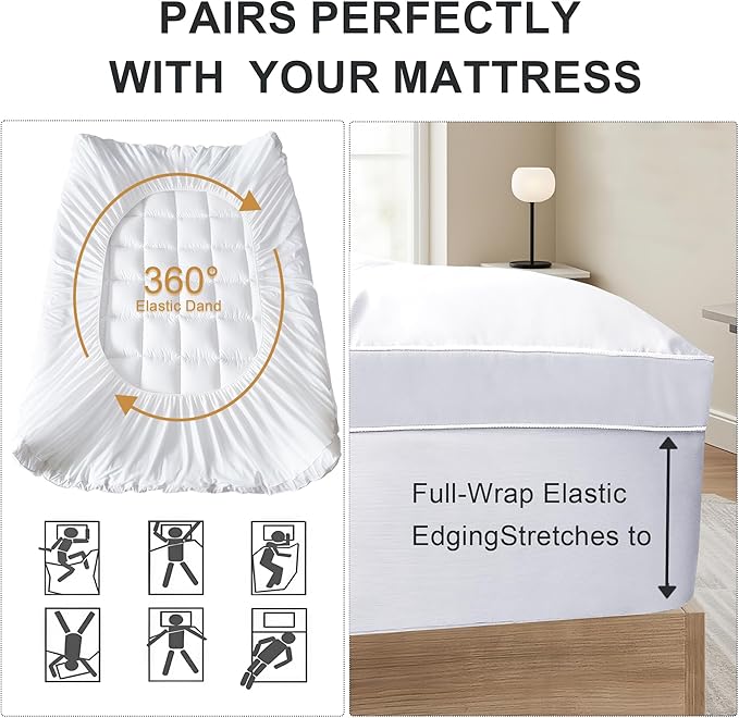 1 Inch Quilted Mattress Pad Pillow Top Mattress Cover Protector Cooling Soft for Breathable Padded Deep Pocket 8-21 Fitted Supportive(White,Full Size)