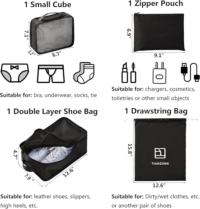 tianzong 7-piece Set Packing Cubes, Travel Bags for Luggage, Packing Organizers with Shoe Bag (Black)