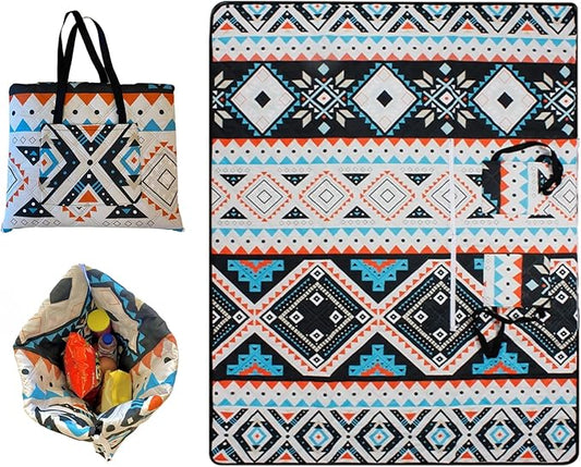 Outdoor Packable Picnic Blanket with Zipper Folds into Tote Bag with Large Storage and Shoulder Strap, Waterproof Sandproof for Lawn Beach Hiking Camping (colorful2, Large)