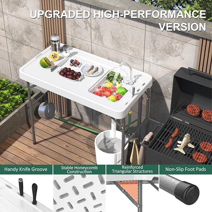 Fish Cleaning Table with Sink, 42.5" Folding Camping Table & Fish Cleaning Station with Measure Mark, Camping Sink with Hose Hookup for Outdoor Picnic, Beach, Dock & Patio Use