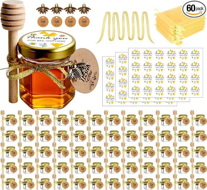 Small Honey Jar, Mini Honey Jars with Dipper, Glass Honey Pot Baby Shower Favors, Party Favors & Wedding Favors, Hexagon Honey Container w/ Lid, Bee Charms, Fabric Ribbons and Bags, 60 Pack 1.5oz