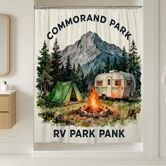 Mountain Shower Curtain, Outdoor Adventure Tent Campfire Summer Green Waterproof Fabric Clawfoot Tub Shower Curtains for Bathroom Toile Guest Room Decor 54x78 Inch