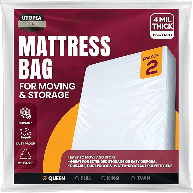 Utopia Home Queen Size Mattress Cover for Moving (2 Pack), 4 Mil Heavy Duty Plastic Mattress Bag for Disposal, Mattress Encasement Fits Mattresses up to 14 Inches, Mattress Bags for Moving