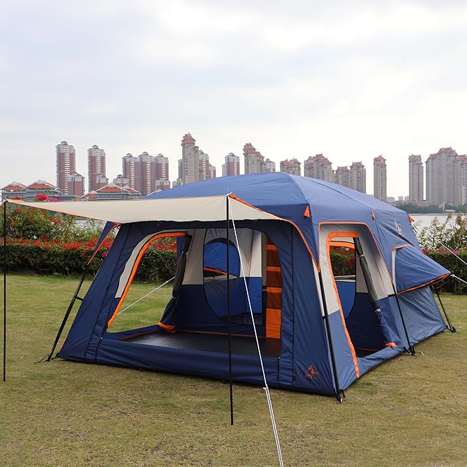 KTT Extra Large Tent 6-10-12-14 Person(B),Family Cabin Tents,2 Rooms,3 Doors and 3 Windows with Mesh,Straight Wall,Waterproof,Double Layer,Big Tent for Outdoor,Picnic,Camping,Family Gathering