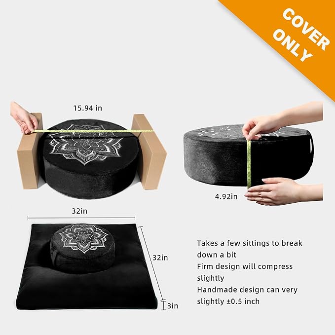 Meditation Zafu Cushion Set with Buckwheat Hulls & Memory Foam - Ergonomic Support for Yoga & Sitting - Removable Machine-Washable Luxury Velvet Cover - for Adults and Kids (Black（COVER ONLY))
