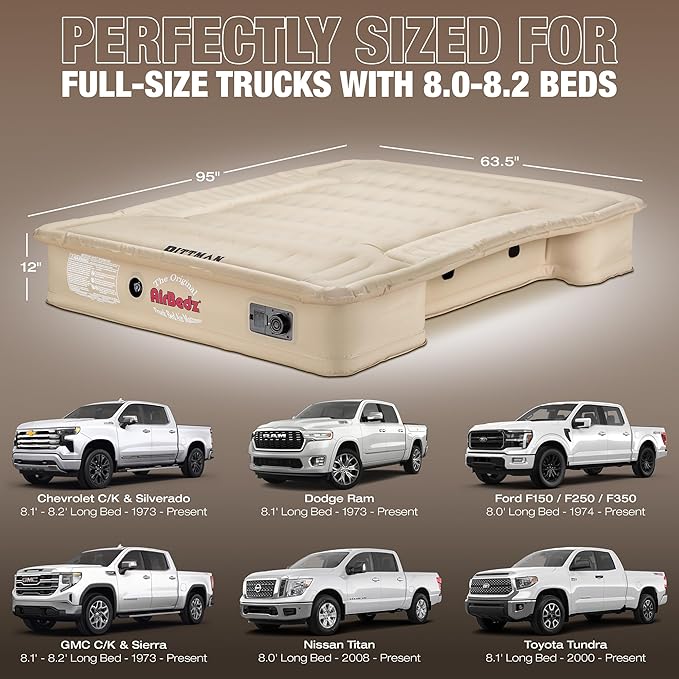 Pittman - Truck Bed Mattress 8ft - Airbedz Full Size Truck Bed Air Mattress 8ft - with Built in Pump & 25% More Coverage for Comfortable Pickup Camping - PPI-501