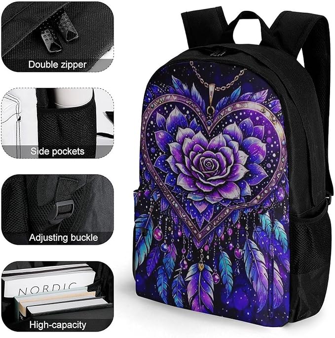 Lightweight Daypack Backpack for Trekking Work Running, Big Capacity Multipurpose Anti-Theft Bookbag, Fantasy Rose Art Business Computer Bag