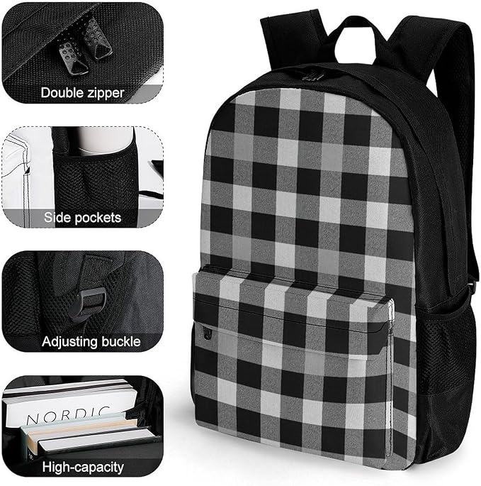 Adults Lightweight Plaid Farmhouse Black Gray Checkered Buffalo Plaid Modern Rustic Rucksacks Large Capacity Bookbag With Adjustable Shoulder Straps for Trekking Outdoors Bicycle