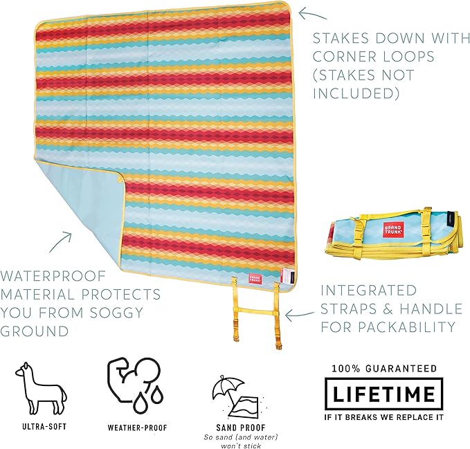 GRAND TRUNK Meadow Mat Large - Waterproof Outdoor Blanket for Picnic, Beach & Camping, Stakes Included (Horizon)
