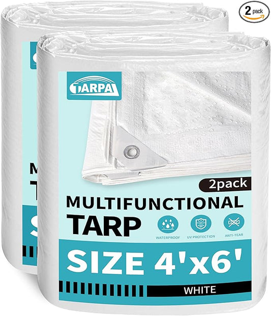 TARPAL 4x6 Feet White Tarp Waterproof(2 Pack) Small tarps Multipurpose Protective Cover All Purpose Poly Tarps Cover for Firewood Outdoor Furniture etc