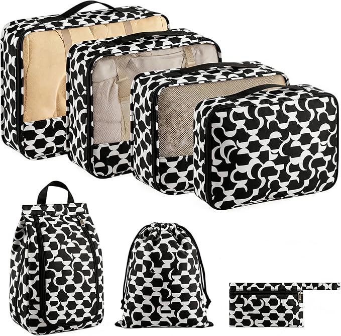 Packing Cubes for Travel 7 Set Luggage Organizer Bags for Family Mesh Breathable Travel Packing Organizers Durable Travel Essentials Suitcases Organizer Bags Set (Black White Geometry)