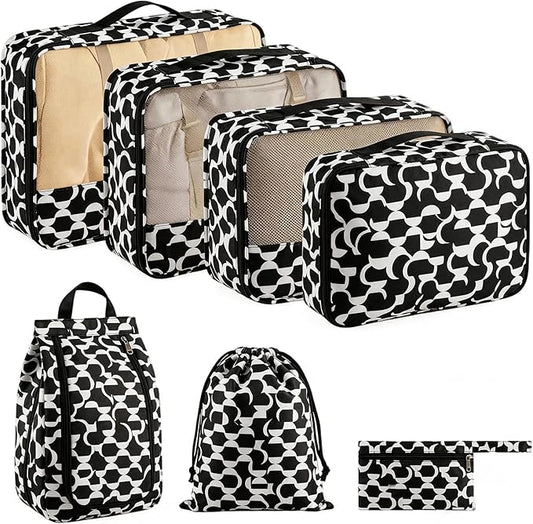 Packing Cubes for Travel 7 Set Luggage Organizer Bags for Family Mesh Breathable Travel Packing Organizers Durable Travel Essentials Suitcases Organizer Bags Set (Black White Geometry)