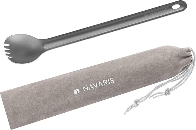 Navaris Long Handle Titanium Spork - 8.4" (21.5cm) Long Metal Utensil for Backpacking and Camping - Extra Strong and Lightweight - Includes Carry Bag