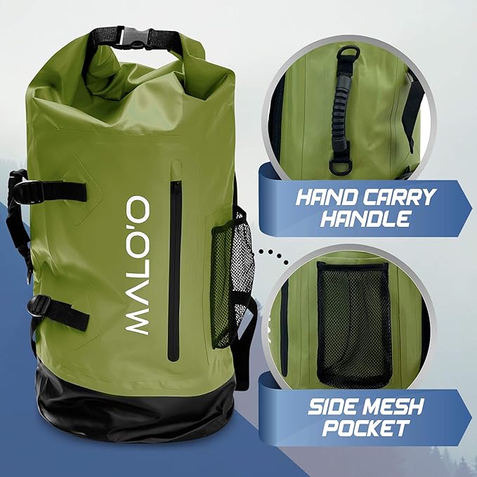 Malo'o 45L Waterproof Heavy Duty Backpack Dry Bags for Kayaking, Camping, Fishing, Hiking Daypack - Beach Accessories, Boat accessories, and Travel Gear - Fishing Rod Case Straps (Green)