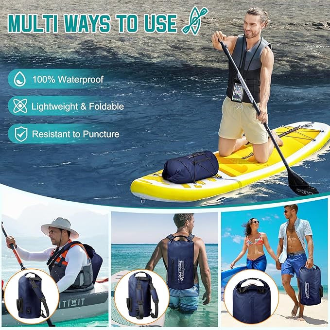 BKNOOU Dry Bag Waterproof for Women Men, 10L/20L Roll Top Lightweight Dry Storage Bag Backpack for Travel, Kayaking, Boating, Rafting, Camping, Hiking and Beach, with Phone Case (Navy Blue, 20L)