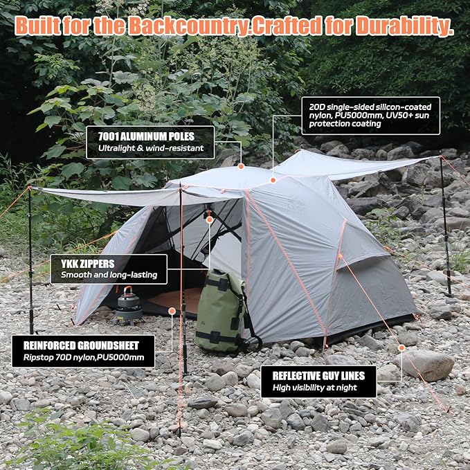 2 Person Lightweight Backpacking Tent – 5000mm Waterproof Silicone Nylon, 7001 Aluminum Poles, YKK Zippers, Compact 3-Season Hiking & Camping Tent with Front Vestibule