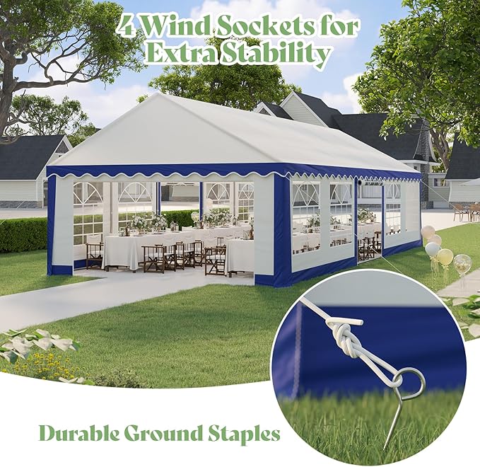 AMERLIFE 16 x 32 FT Party Tent with Rolled Sidewalls, Heavy Duty Wedding Tent for Party Outside with Zinc Alloy Tube & Spiral Stakes, Waterproof Event Shelters, White & Blue