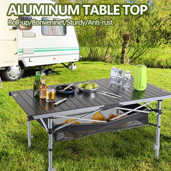 Ablazer Camping Table with Carry Bag, Adjustable Height Portable Table for Outdoor, Camping, Picnic, Beach, Aluminum Picnic Roll-up Table for 4-6 Person