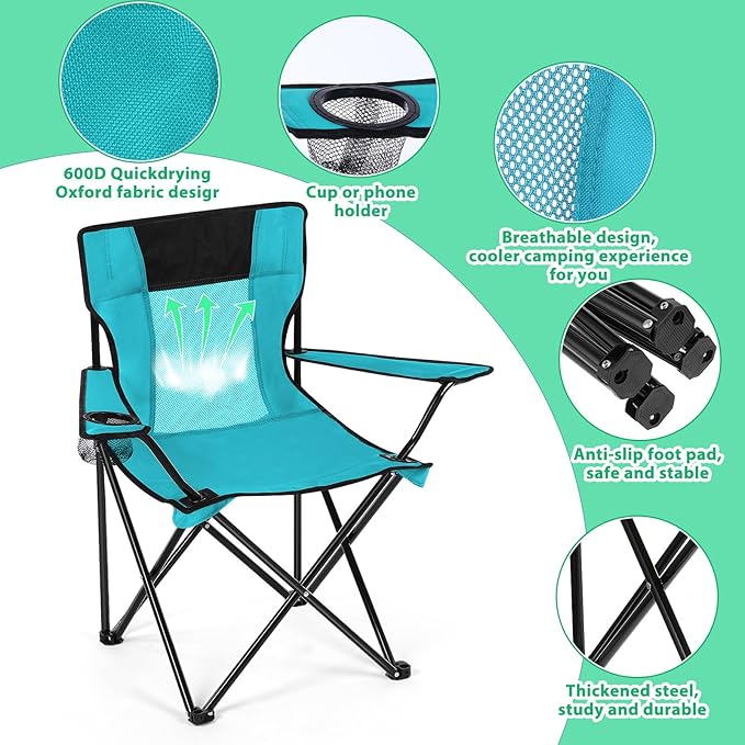 Shellwei 2 PCS Folding Camping Chair with Cupholder and Carry Bag Regular Size Colorful Breathable Portable Lightweight Lawn Chair with Side Pocket for Fishing Hiking Beach Outdoor Activity