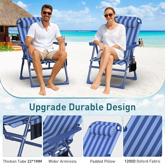 Suteck Backpack Beach Chairs for Adults 2 Pack, 6-Position Folding Reclining Chair with Cooler Bag & Cup Holder, Lightweight Portable Beach Chair for Camping, Outdoor, Sand, Travel Use