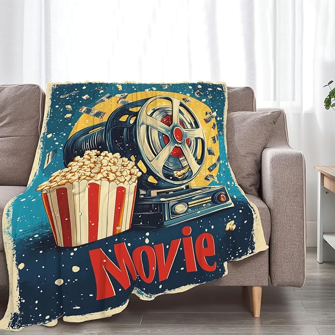 Movie Blanket Film Theater Cinema Popcorn Throw Blankets Gifts for Girls Boys Kids Movie Lover Soft Cozy Fleece Plush for Couch Sofa Bed 80"x60"