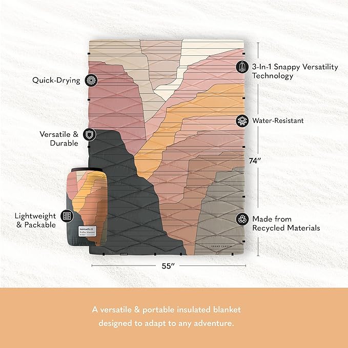 Nomadix Grand Canyon Puffer Blanket – Water-Resistant, Eco-Friendly Insulated Blanket with Snaps for Camping, Beach, and Travel, Made from Recycled Materials
