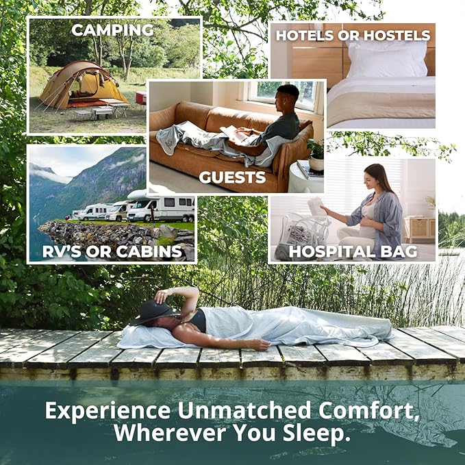 Soft Cotton Sleeping Bag Liner – 100% Organic Jersey Cotton Travel Sheet with Full Zipper, Lightweight Camping Sheet for Hotel & Travel, Single or Double Convertible Stretchy Sleep Sack for Adults