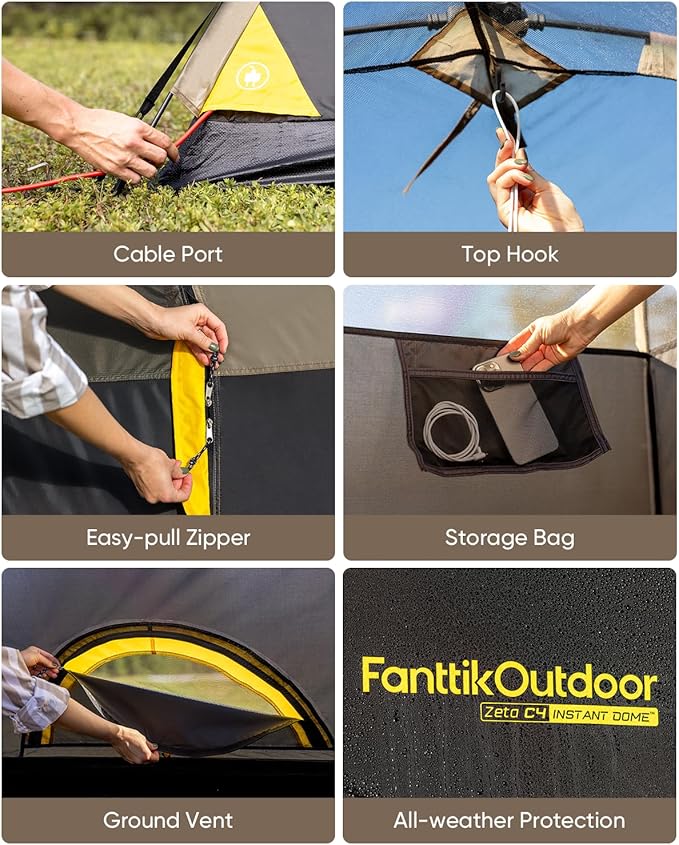 FanttikOutdoor Zeta C2/3/4 Camping Tent, 2/3/4 Person Instant Dome Tent, Easy Setup in 60s, Portable Waterproof Cabin Tent with Pre-Attached Poles & Air Vent, Ideal for Camping, Hiking, Backyard