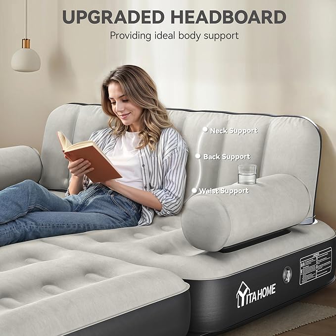 YITAHOME Queen Size Air Sofa Bed Mattress with Headboard and Pump, Blow Up Couch Inflatable Bed for Home Living Room, 79" x 60" x 25" (Expanded Size, Black)