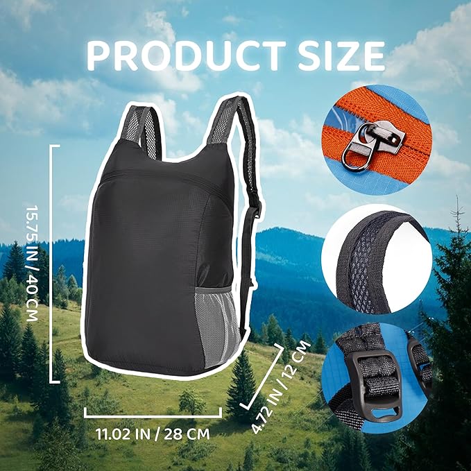 Lightweight and Thin Foldable Backpack, Climbing Bag, Hiking Daypack,20L Waterproof Travel Packable Rucksack (Black)