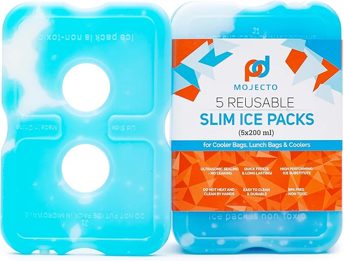 Ice Pack (Set of 5) Large Leak-Proof, Slim, Reusable, Freezer-Safe, Long-Lasting for Cooler Bags, Lunch Bags and Lunch Box. Keep Food and Drinks Cold for Hours.