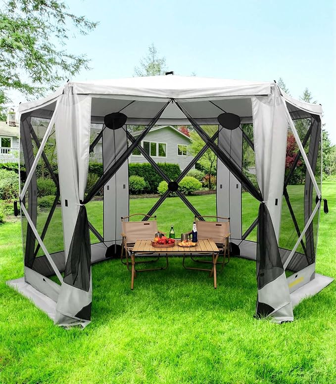 6 Sided Pop Up Gazebo Tent, Outdoor Gazebo with 6 Removable Wind Cloths, Pop-Up Canopy Shelter with Mesh Windows, Quick Set, 12x12 Feet Space, Camping Screen Tent for 8-12 Person Foldable
