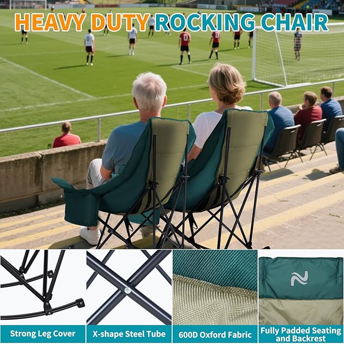 Oversized Rocking Camping Chair for Adults - 330lbs Capacity Heavy Duty Padded Recliner - Folding Lawn Chair with Cooler Bag and Pockets - Portable Rocker Chair Outdoor for Camp Patio Backyard
