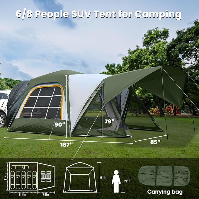 SUV Tent Attachment for Camping, Car Tents for SUV Tailgate Tents with Screen Room & Awning,Easy Set Up Car Camping Pop Up Tent - ArmyGreen
