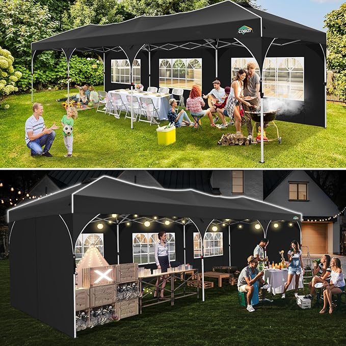 COBIZI 10x30 Party Tent: 10x30 Pop Up Canopy Tent with Wheeled Bag, Easy Up Canopy 3 Adjustable Heights，420D Waterproof UPF 50+ Fabric, Tents for Parties Wedding with 5 Removable Sidewalls, (Black)
