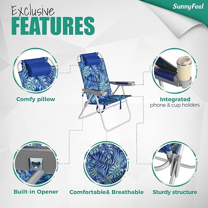 SUNNYFEEL 17" Tall Oversized Beach Chairs 2 Pack for Adults Heavy Duty 500 LBS, 5 Position, Portable High Folding Camping Chair with Cup Holder for Outdoor/Lawn/Trip, Foldable Sand Chairs for Adults